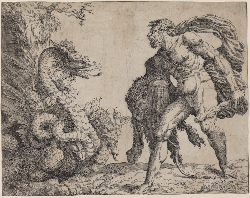 Almost accurate depiction of me doing an essay review at 9 AM. Hercules and the Hydra by Battista Angolo del Moro, 1552.